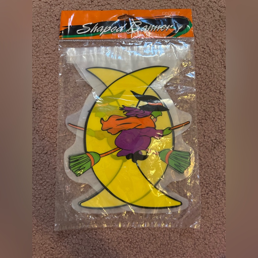 New Vintage Halloween Banner Plastic Witch Moon